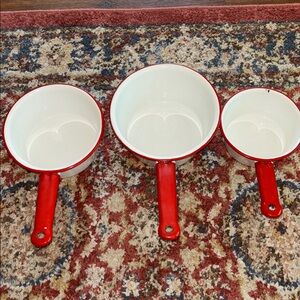 Vintage Red and White Enamel Saucepan Set